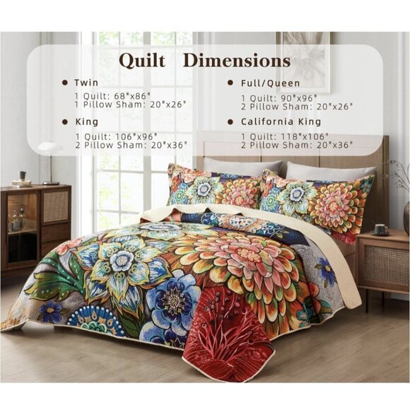 3 Piece Boho Floral Quilt Set King Size Colorful Bohemian Contemporary Flower - Picture 3 of 6